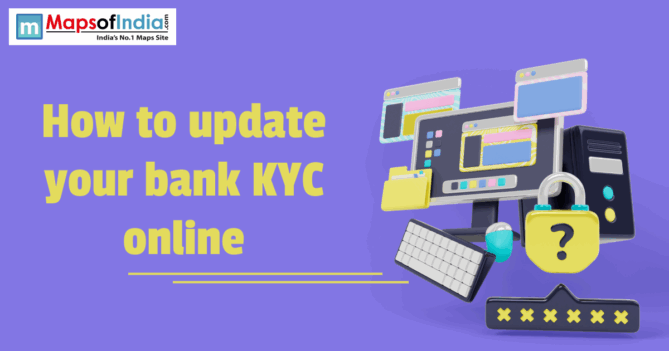 Illustration showing a computer screen, security lock, and digital icons explaining how to update bank KYC online, representing secure and paperless banking processes.