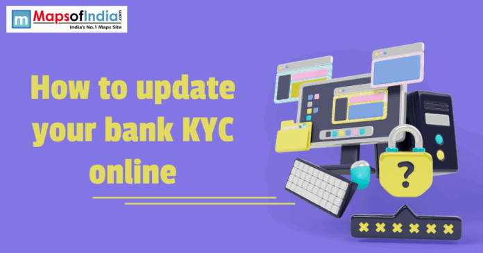 Illustration showing a computer screen, security lock, and digital icons explaining how to update bank KYC online, representing secure and paperless banking processes.