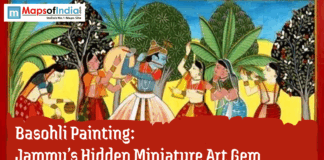 Basohli Painting: Jammu’s Hidden Miniature Art Gem Colorful Basohli miniature painting showing Krishna playing music and dancing with women amid lush trees, with text that reads “Basohli Painting: Jammu’s Hidden Miniature Art Gem” on a red banner at the bottom.