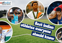 Best Indian Athletes Everyone Should Know A collage titled "Best Indian athletes everyone should know" set against a grassy sports field, featuring circular portraits of five prominent Indian sports stars including Mary Kom holding the national flag, Leander Paes with an Olympic medal, and athletes from wrestling, track, and field.