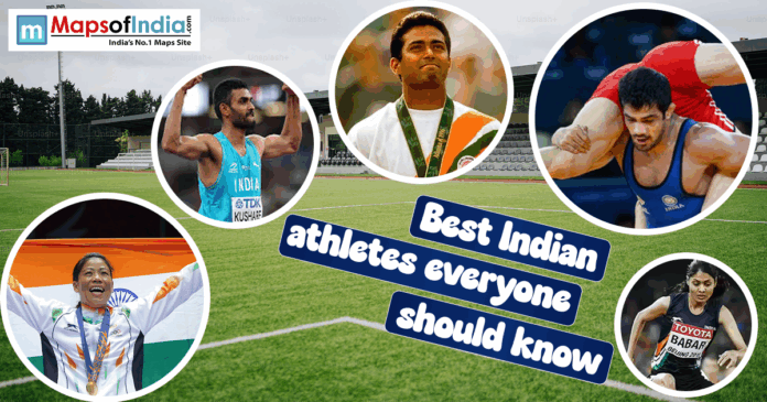 A collage titled "Best Indian athletes everyone should know" set against a grassy sports field, featuring circular portraits of five prominent Indian sports stars including Mary Kom holding the national flag, Leander Paes with an Olympic medal, and athletes from wrestling, track, and field.