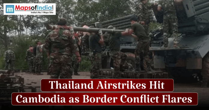 Soldiers loading a large, possibly rocket-propelled, weapon on a military vehicle with the text overlay "Thailand Airstrikes Hit Cambodia as Border Conflict Flares."