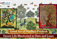 Gond Art of Madhya Pradesh Forest Life Illustrated in Dots and Lines Gond art illustrations showing colorful trees, birds, and forest life with the title “Gond Art of Madhya Pradesh: Forest Life Illustrated in Dots and Lines.”