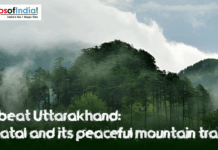 Offbeat Uttarakhand: Kanatal and Its Serene Hill Trails Misty green forests and mountains of Kanatal in Uttarakhand with text highlighting its offbeat and peaceful mountain trails.