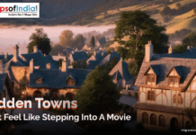 Hidden Towns That Feel Like Stepping Into A Movie A picturesque village with charming cottages and misty hills, representing hidden towns that feel like stepping into a movie.