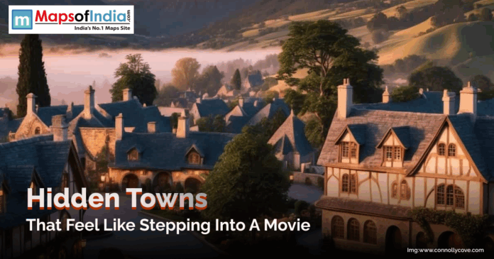 A picturesque village with charming cottages and misty hills, representing hidden towns that feel like stepping into a movie.