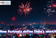 How Festivals Define India’s Identity Fireworks lighting up an Indian city skyline at night during a festival, symbolizing how festivals define India’s cultural identity and collective celebrations.