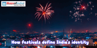 How Festivals Define India’s Identity Fireworks lighting up an Indian city skyline at night during a festival, symbolizing how festivals define India’s cultural identity and collective celebrations.