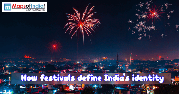 Fireworks lighting up an Indian city skyline at night during a festival, symbolizing how festivals define India’s cultural identity and collective celebrations.