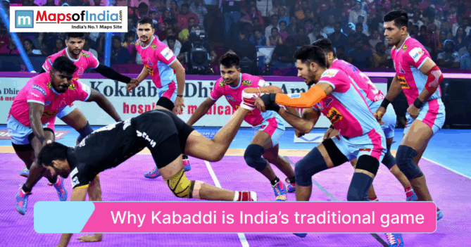 An action shot of a professional Kabaddi match with players in pink and blue jerseys tackling an opponent, titled "Why Kabaddi is India's traditional game".