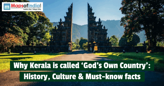Kerala Stone temple gate surrounded by lush greenery in Kerala, symbolizing why Kerala is called God’s Own Country, highlighting its natural beauty and rich cultural heritage.