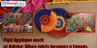 Pipli Applique Work of Odisha: When Fabric Becomes a Canvas Colorful Pipli applique work of Odisha featuring vibrant fabric patterns, traditional motifs, decorative umbrellas, and handcrafted textile art displayed on cloth and mats.