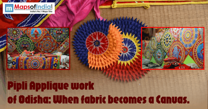 Colorful Pipli applique work of Odisha featuring vibrant fabric patterns, traditional motifs, decorative umbrellas, and handcrafted textile art displayed on cloth and mats.