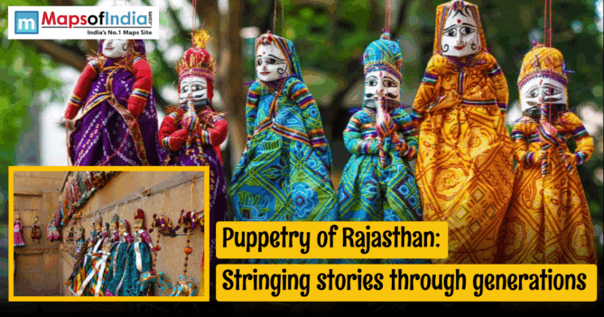 Colorful Kathputli string puppets of Rajasthan dressed in traditional attire, showcasing the rich folk puppetry art that strings stories through generations.