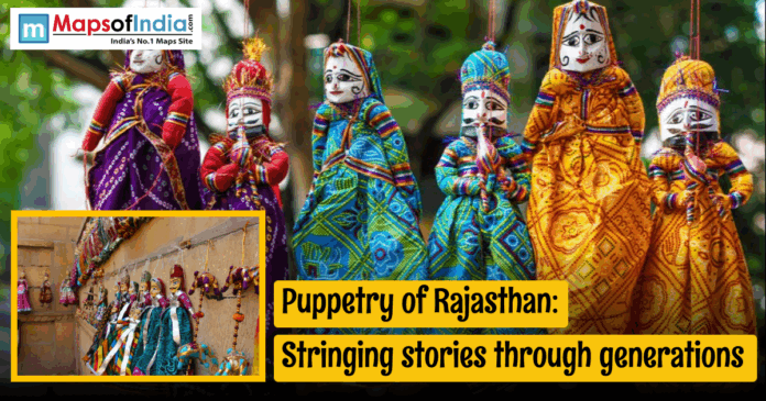 Colorful Kathputli string puppets of Rajasthan dressed in traditional attire, showcasing the rich folk puppetry art that strings stories through generations.