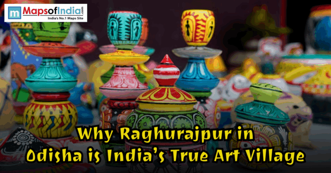 Colorful handcrafted wooden toys and traditional artworks from Raghurajpur village in Odisha, showcasing India’s true art village and its rich folk craft heritage.