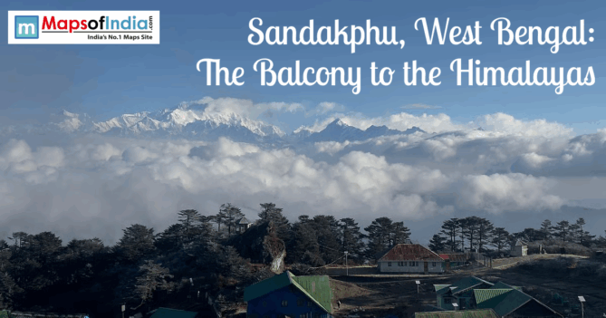 Panoramic view of Sandakphu in West Bengal, showing snow-covered Himalayan peaks rising above clouds, with forested hills and rooftops in the foreground, known as the Balcony to the Himalayas.
