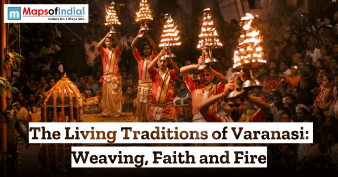 Priests performing Ganga Aarti in Varanasi, holding multi-tiered fire lamps during an evening ritual, showcasing the city’s living traditions of faith and fire along the Ganges.