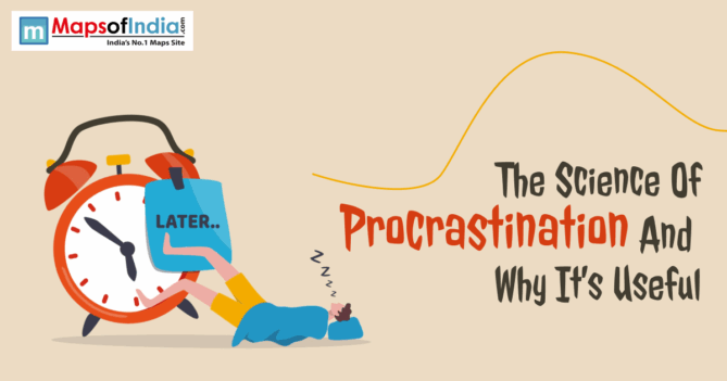Illustration of a person lying asleep beside a large alarm clock with a 'Later' sign, representing procrastination, next to the title 'The Science of Procrastination and Why It’s Useful'.