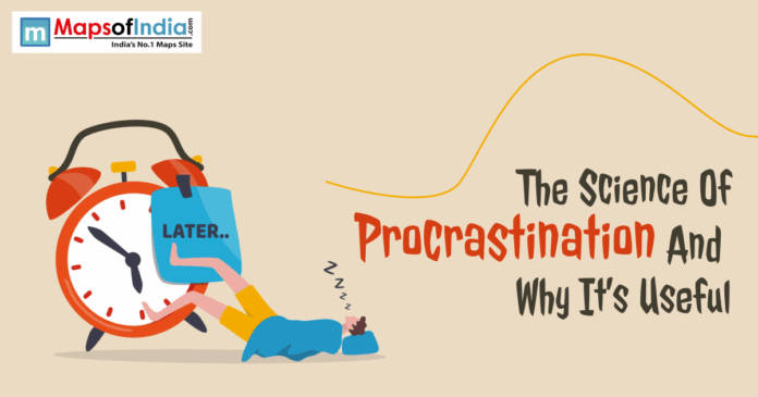 The Science of Procrastination Illustration of a person lying asleep beside a large alarm clock with a 'Later' sign, representing procrastination, next to the title 'The Science of Procrastination and Why It’s Useful'.