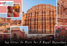 Top Cities to Visit for a Royal Rajasthan Tour Collage showcasing royal Rajasthan with Hawa Mahal in Jaipur, Amber Fort, traditional Rajasthani men in turbans, colorful markets, and cultural art highlighting heritage cities.