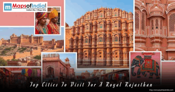 Collage showcasing royal Rajasthan with Hawa Mahal in Jaipur, Amber Fort, traditional Rajasthani men in turbans, colorful markets, and cultural art highlighting heritage cities.
