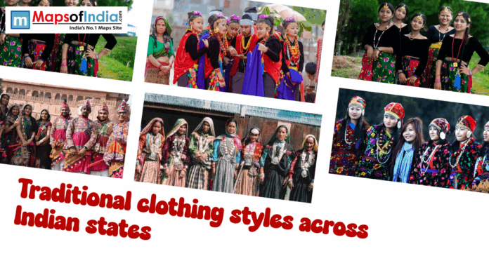 A collage of photos titled "Traditional clothing styles across Indian states" displaying diverse groups of people in vibrant, ethnic attire from various regions of India.