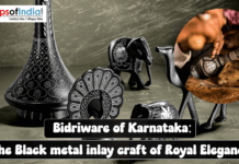Bidriware of Karnataka: The Black Metal Inlay Craft of Royal Elegance Bidriware of Karnataka showcasing black metal inlay craft with silver designs, featuring traditional vases, figurines, and an artisan handcrafting Bidriware.