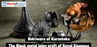 Bidriware of Karnataka: The Black Metal Inlay Craft of Royal Elegance Bidriware of Karnataka showcasing black metal inlay craft with silver designs, featuring traditional vases, figurines, and an artisan handcrafting Bidriware.