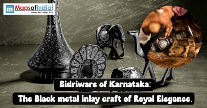 Bidriware of Karnataka showcasing black metal inlay craft with silver designs, featuring traditional vases, figurines, and an artisan handcrafting Bidriware.