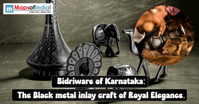 bidriware Bidriware of Karnataka showcasing black metal inlay craft with silver designs, featuring traditional vases, figurines, and an artisan handcrafting Bidriware.