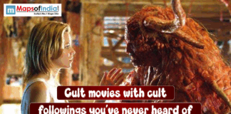Cult Movies with Cult Followings You’ve Never Heard Of A woman stands face-to-face with a large, monstrous creature inside a dim, cluttered room. She reaches her hand toward the creature as they appear to confront or communicate with each other.