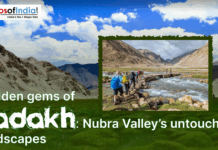 Unexplored Treasures of Ladakh: Nubra Valley’s Virgin Landscapes Hikers crossing a rocky stream in Ladakh’s Nubra Valley, surrounded by rugged mountains and green landscapes under a bright sky.