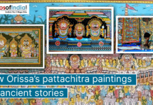 How Orissa’s Pattachitra Paintings Tell Ancient Stories A vibrant collage of Orissa’s traditional Pattachitra paintings featuring intricate depictions of Lord Jagannath, mythological scenes, and an artist working on a detailed artwork, with a headline reading “How Orissa’s Pattachitra Paintings Tell Ancient Stories” and the Maps of India logo at the top left.