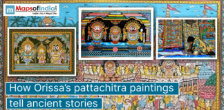 How Orissa’s Pattachitra Paintings Tell Ancient Stories A vibrant collage of Orissa’s traditional Pattachitra paintings featuring intricate depictions of Lord Jagannath, mythological scenes, and an artist working on a detailed artwork, with a headline reading “How Orissa’s Pattachitra Paintings Tell Ancient Stories” and the Maps of India logo at the top left.