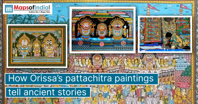 A vibrant collage of Orissa’s traditional Pattachitra paintings featuring intricate depictions of Lord Jagannath, mythological scenes, and an artist working on a detailed artwork, with a headline reading “How Orissa’s Pattachitra Paintings Tell Ancient Stories” and the Maps of India logo at the top left.