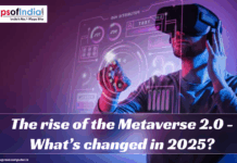 The rise of the Metaverse 2.0 – What’s changed in 2025? "Person using a VR headset and interacting with a futuristic holographic interface, representing Metaverse 2.0, with the title ‘The rise of the Metaverse 2.0 – What’s changed in 2025?’ displayed on the image.