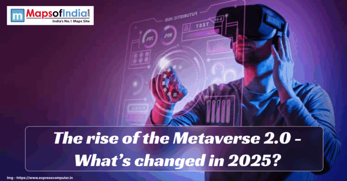 the rise of the metaverse "Person using a VR headset and interacting with a futuristic holographic interface, representing Metaverse 2.0, with the title ‘The rise of the Metaverse 2.0 – What’s changed in 2025?’ displayed on the image.