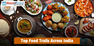 Top Food Trails Across India Plates of popular Indian dishes showcasing top food trails across India