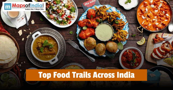 Plates of popular Indian dishes showcasing top food trails across India