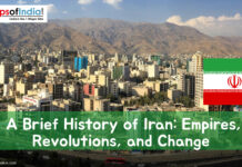 A Brief History of Iran: Empires, Revolutions, and Change Cityscape of Tehran with mountains in the background, Iran’s national flag, and the title “A Brief History of Iran: Empires, Revolutions, and Change” displayed on the image.