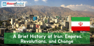 A Brief History of Iran: Empires, Revolutions, and Change Cityscape of Tehran with mountains in the background, Iran’s national flag, and the title “A Brief History of Iran: Empires, Revolutions, and Change” displayed on the image.