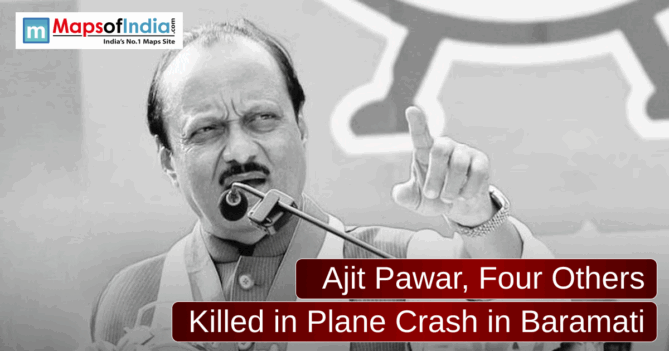 Black and white portrait of Ajit Pawar with news text: "Ajit Pawar, Four Others Killed in Plane Crash in Baramati."