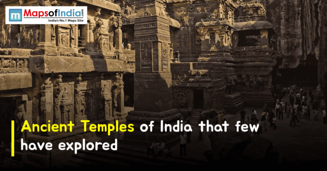 A massive, detailed ancient Indian temple carved directly into rock, featuring various chambers and statues, with the text "Ancient Temples of India that few have explored".