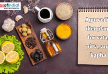 Ayurvedic Diet Plans for Vata, Pitta, and Kapha Flat lay of Ayurvedic foods and spices including lemons, lettuce, garlic, olives, oil, turmeric, and pepper beside a notebook reading “Ayurvedic diet plans for vata, pitta, and kapha.”