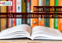 Best book series worth committing your time to Open book on a table with blurred bookshelves in the background, featuring text “Best book series worth committing your time to” and Maps of India logo.