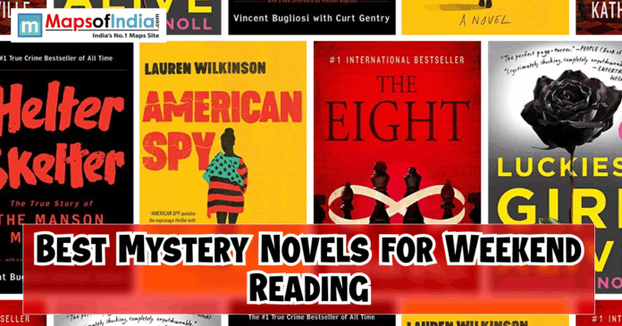 Collage of popular mystery and crime novel book covers with a bold banner reading “Best Mystery Novels for Weekend Reading.”