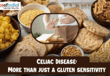 Celiac Disease: More Than Just a Gluten Sensitivity Image showing gluten-rich foods like bread, pasta, and grains with a person experiencing stomach discomfort, illustrating celiac disease as more than just gluten sensitivity.