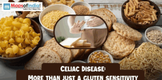 Celiac Disease: More Than Just a Gluten Sensitivity Image showing gluten-rich foods like bread, pasta, and grains with a person experiencing stomach discomfort, illustrating celiac disease as more than just gluten sensitivity.