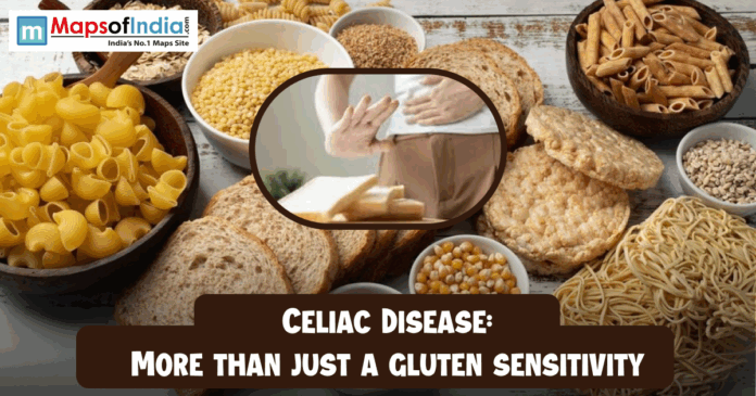 Image showing gluten-rich foods like bread, pasta, and grains with a person experiencing stomach discomfort, illustrating celiac disease as more than just gluten sensitivity.